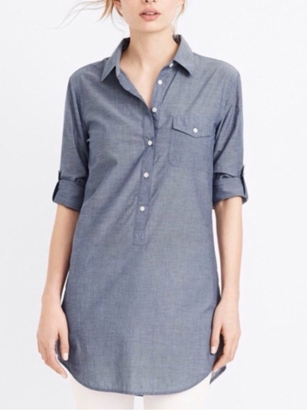 J.Crew Popover Tunic Chambray Shirt Coastal Long Sleeve Blue Small